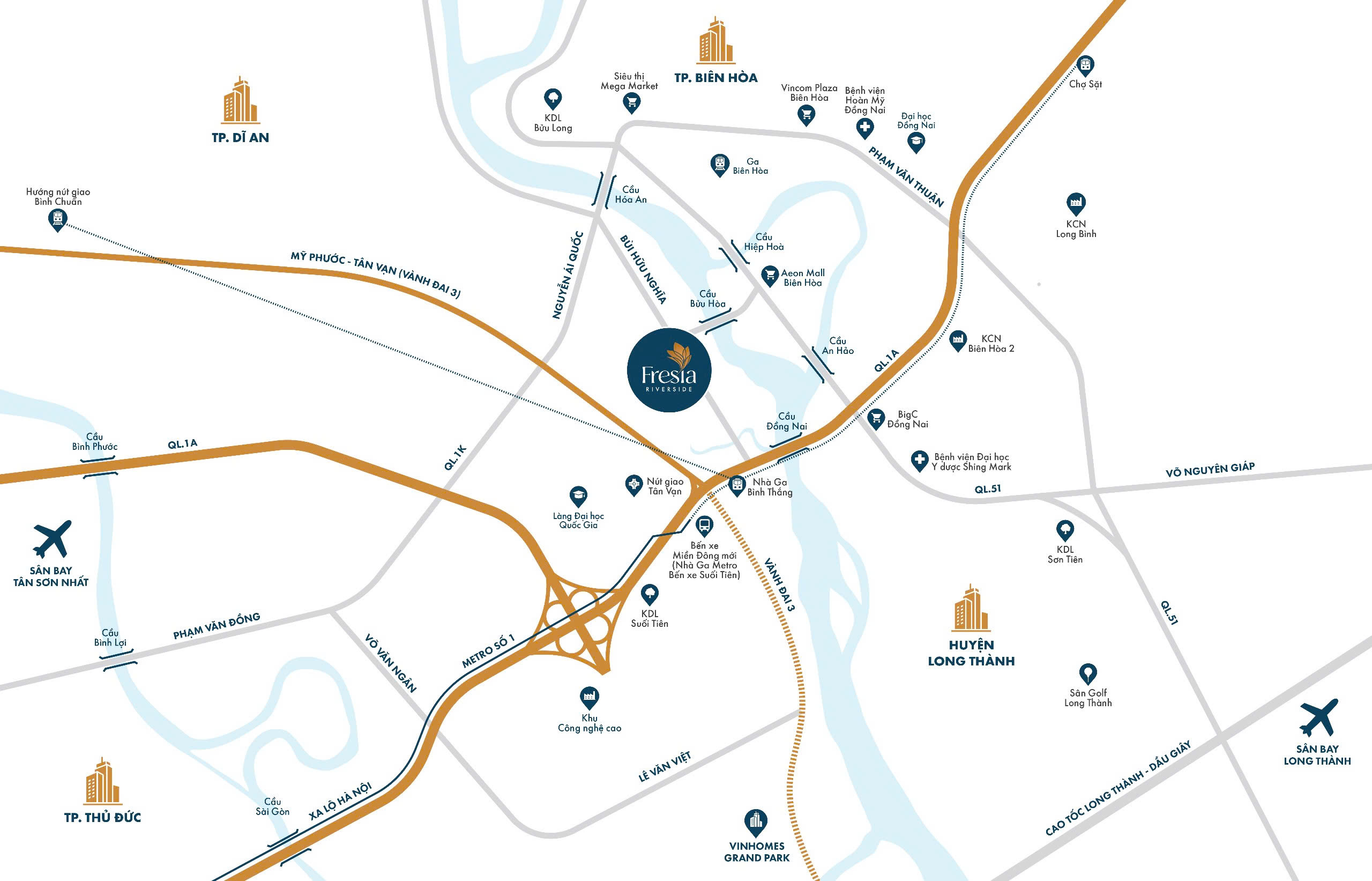 FRESIA RIVERSIDE: CĂN HỘ ĐA KẾT NỐI
Vị trí Fresia Riverside sở hữu đắc địa ngay trung tâm tam giác vàng kinh tế gồm TP Dĩ An (Bình Dương), TP Biên Hòa (Đồng Nai) và TP Thủ Đức (TP.HCM)